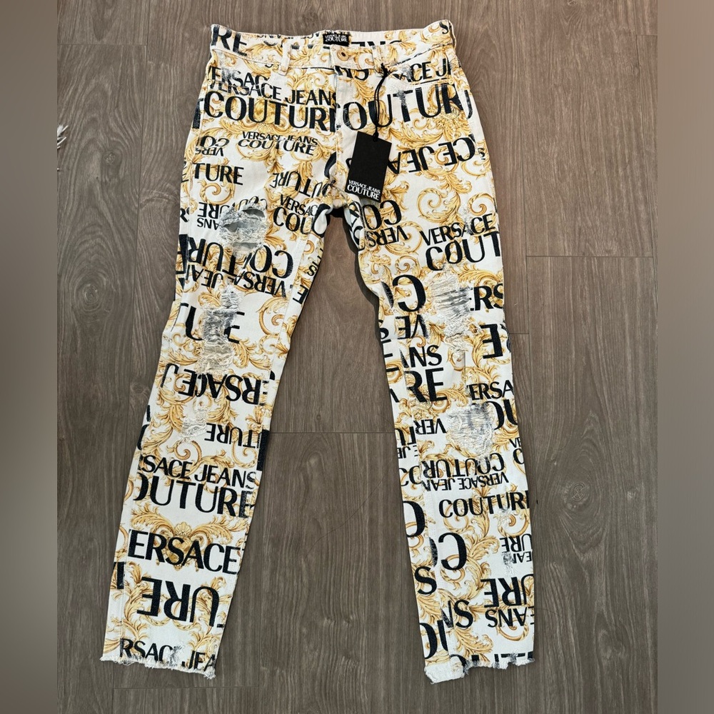Versace Jeans Couture All Over Logo Skinny Jeans with Rips